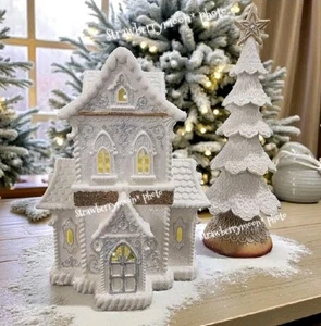 14" weiß Glitzer Glasur Schnörkelarbeit LED beleuchtet viktorianisches Lebkuchenhaus neu - Bild 1 von 11