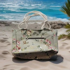 FARMHOUSE IS MY STYLE Sage Green Canvas Floral Rose Tote Bag with Rope Handles  - Picture 1 of 3