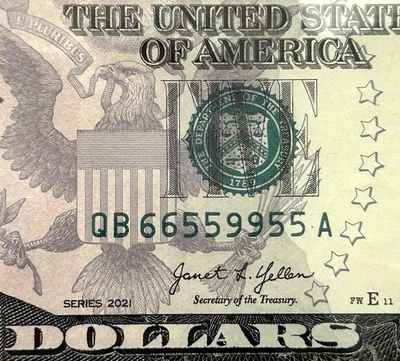 66559955 - Fancy Quad Doubles Serial - GEM 2021 $5 Bill Federal Reserve Note - Image 1 of 3