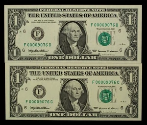 FR 1925-F $1 1999 Federal Reserve Note US - UNC Pair Consecutive Blocks - CA1613 - Picture 1 of 2