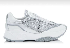 Zapatilla deportiva de cuero napa brillante blanca/plateada JIMMY CHOO LUXURY*RARA* RAINE 39/8,5 M - Imagen 1 de 24