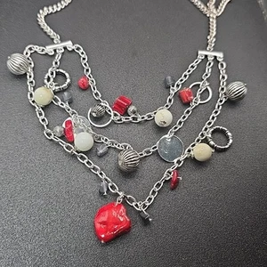 Christopher & Banks Silver Tone Beaded Charms Necklace 3 Layers NEW - Picture 1 of 9
