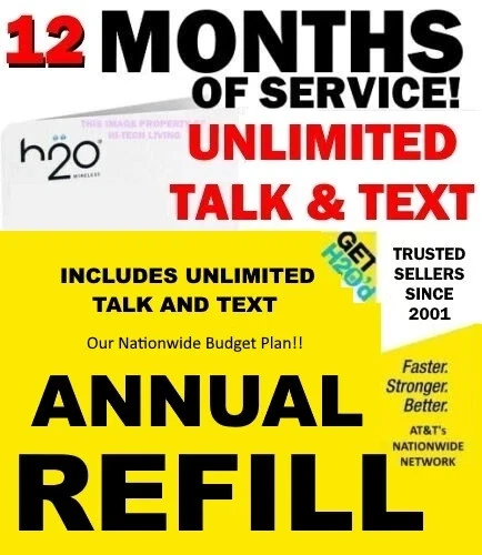 H2O H20 ✅ 😮 365 DAY REFILL!! - FULL  YEAR UNLIMITED TALK AND TEXT ⭐ 3GB MONTH!! - Image 1 of 3