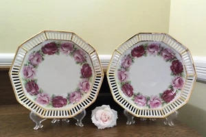2 Reticulated 7.5” Porcelain Plates Pink Roses by Schumann of Germany c.1955 - Picture 1 of 19