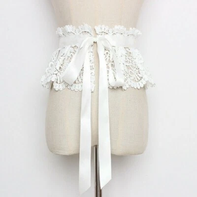Ladies Lace Belt Satin Ribbon Obi Wide Dress Waistband Floral Hollow Out Tie Up - Image 1 of 4