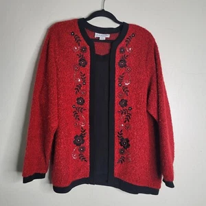 Suéter Top Para Mujer CD Cathy Daniels Rojo Talla Grande 1X Floral Bordado Bling - Imagen 1 de 5