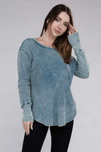 ZENANA Long Sleeve Top Washed Waffle Knit Round Neck Solid Color 100% Cotton - Picture 1 of 22