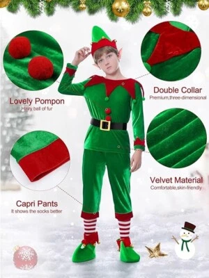 6 Pack Christmas Kids Elf Costume, Boys Christmas Elf Costume Velvet 8-10Y - Image 1 of 4