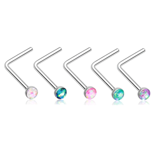 Серебряный опал блестящий L-образный нос кольцо черный розовый фиолетовый белый бирюзовый 20g 7 мм кости - Изображение 1 из 1
