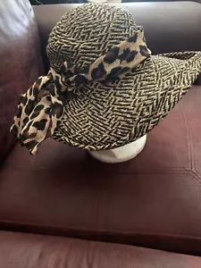 David panama geometric woven straw wide brim leopard Bow ribbon sun hat $115 - Picture 1 of 16