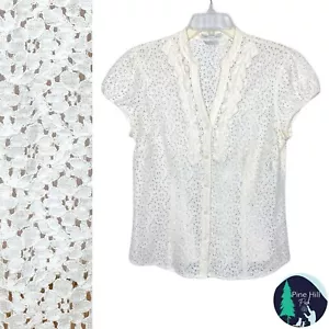 Van Heusen Lace Button Down Blouse Womens Medium Fitted Ivory Short Sleeves EUC - Picture 1 of 8