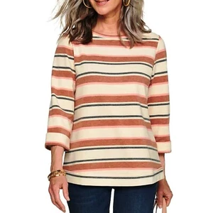 Croft & Barrow Damen Fleece-Sweatshirt mit U-Boot-Ausschnitt beige gestreift - Bild 1 von 2