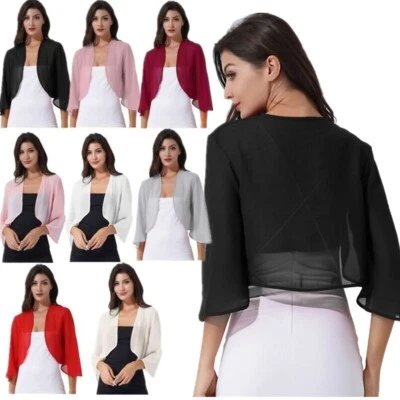 Women's Elegant Bolero Shrug 3/4 Sleeve Open Front Cardigan Shawl Cover Up Tops - Image 1 of 4