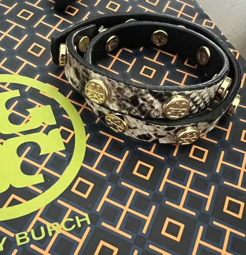 Bracciale Tory Burch Miller doppio avvolgimento pelle oro borchiato pelle di serpente marrone chiaro nero