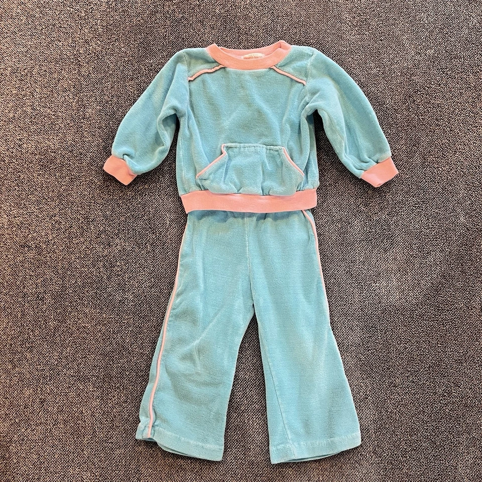 Conjunto de sudadera de tela de rizo Healthtex vintage rosa azul bolsa pantalones 2T Foto 1 de 4