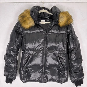 S13 New York Black Shinny Down & Feather Winter Jacket with Fur Hood Women's XL - Picture 1 of 14