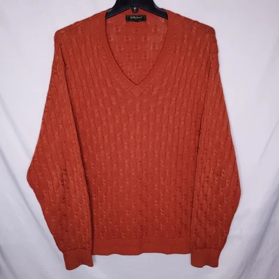 Bobby Jones Sweater Mens Large Orange Cable Knit V Neck Cotton - Imagem 1 de 4