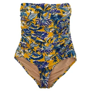 J CREW Size L Yellow Blue Tropical Floral Ruched Strapless One Piece Swimsuit - Picture 1 of 11