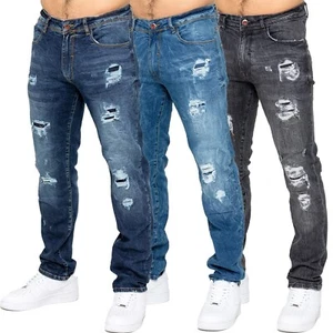 Enzo Mens Ripped Jeans Straight Leg Stretch Denim Distressed Trouser Pants - Picture 1 of 27