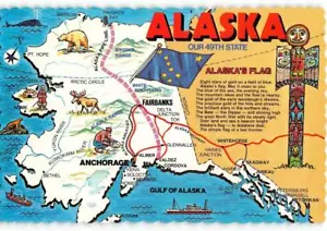 49º Mapa Estatal Bandera Alaska Tótem Poste Anclaje Fairbanks 4x6 c1960 Postal - Imagen 1 de 2