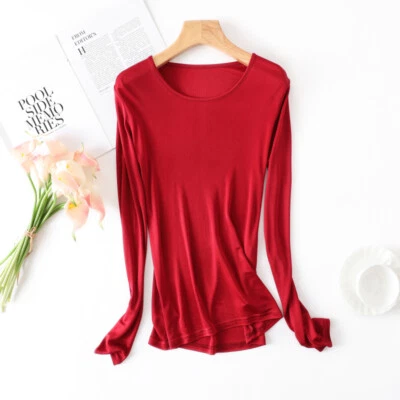 Women's Mulberry Silk Long-Sleeve T-Shirt & Vest Combo Round Neck solid color - Image 1 of 4