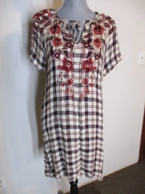 Johnny Was Workshop FAB! Embroidered Plaid Red Beige Drape Tunic Dress Size XS - Image 1 of 4