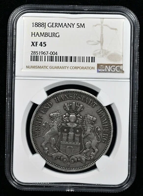 1888J GERMAN STATES HAMBURG 5 MARK NGC XF45 LOW MINTAGE - Image 1 of 3