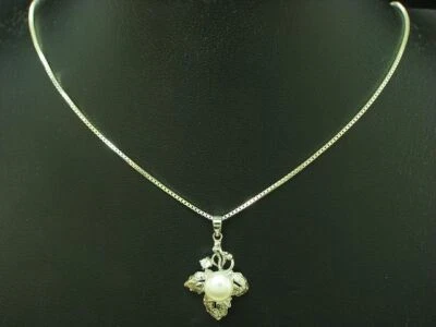 925 Argento Sterling Collana Pendente Con Akoya Perle & Zirconi Incastonati / - Immagine 1 di 3