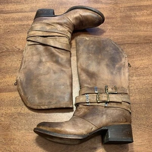 FREEBIRD Drove Heeled Cowboy Boots Western Buckles Straps Tan Brown Distress 7 - Picture 1 of 21