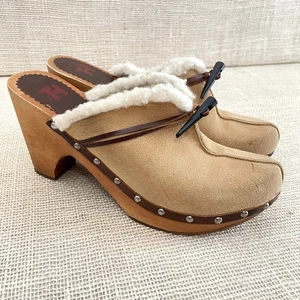 Zuecos de plataforma de madera Tommy Hilfiger, cuero gamuza, piel de oveja, damas 9,5 M - Imagen 1 de 10