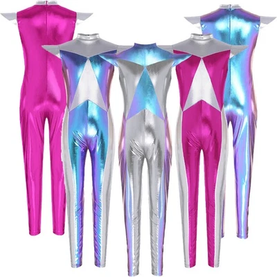 Kids Girls Costume Silver Leotard Full Bodysuit Jumpsuit Zipper Back Halloween - Image 1 of 4
