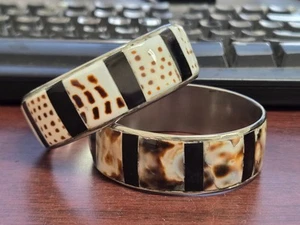 2 PCS MOP ABALONE SHELL INLAY STAINLESS STEEL BANGLE BRACELET 1” - Picture 1 of 4