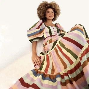 Farm Rio Dress Brazilian Exclusive Rainbow Stripe Midi Boho Medium Cotton $299 - Picture 1 of 14