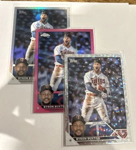 2023 Topps Byron Buxton (3) Chrome Pink Refractor 28 Rainbow Foil & Foil Board - Picture 1 of 2