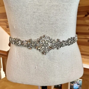 Sparkling Crystal Bridal Belt Sash with Silver Finish and Bright White Ribbon - Picture 1 of 3