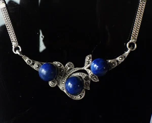 SCHMUCK-STCK Collier  KETTE 925 SILBER Lapis Lazuli Markasit NEU Glitzer 42 cm - Picture 1 of 3