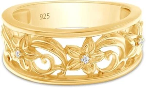 Floral Filigree Wedding Bands Ring Natural Diamond 14K Yellow Gold Plated Silver - Picture 1 of 9