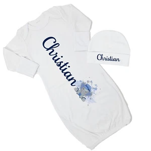 Baby Boy Personalized Custom Argyle Elephant Navy VS1 Gown Coming Home Outfit - Picture 1 of 21