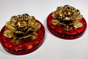 Red Gold Fleck Flake Lucite Acrylic Brass Flower Candle Holder Candlestick MCM - Picture 1 of 12