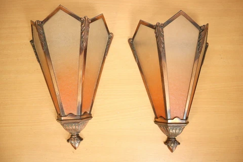 Pair of Art Deco Glass Slip Shade Wall Sconces Ornate Ombre Lights Shade Sconce Cover