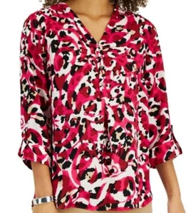 JM Collection Women's Animal Roll-Tab Top Sz M, Pink Combo - Picture 1 of 4