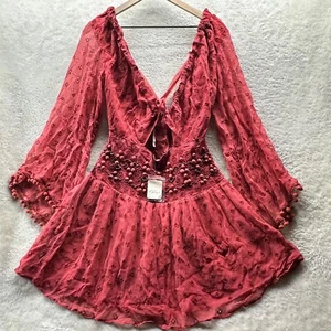 Free People Della Sohle bestickt Perlen Bommel Mini rot Kleid Größe XS $ 298 - Bild 1 von 11