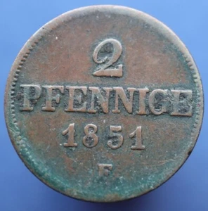 2 Pfennige 1851 F - Moneda genuina de los Estados de Alemania - KM# 1157 - Sajonia - #R585 - Imagen 1 de 4