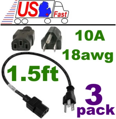 Lot3, 3pk 18"in/1.5ft Short Standard Power Cord/Cable/Wire PC/AC/LCD IEC320 C13 - Image 1 of 2