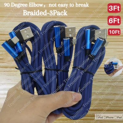 3Pack Elbow USB Fast Charger Cable 3/6/10Ft Cord For iPhone 14 13 12 11 8 6 X XR - Image 1 of 4