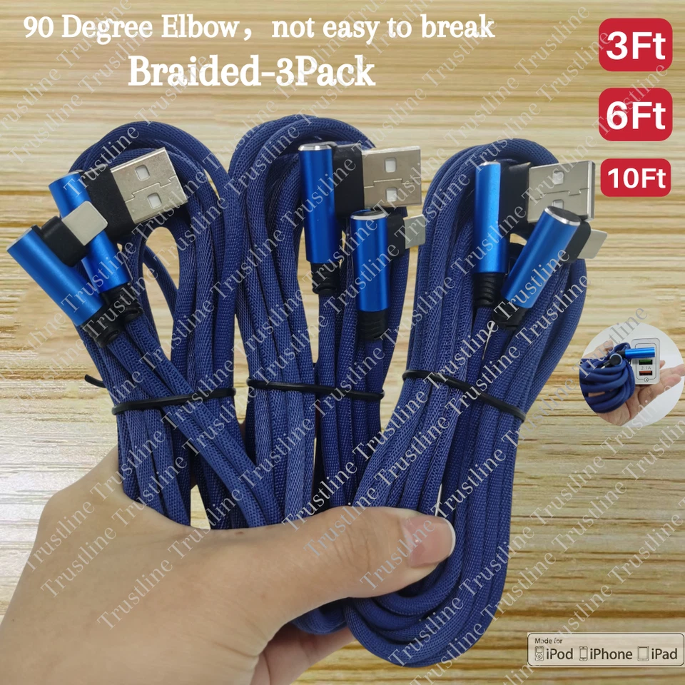 3Pack Elbow USB Fast Charger Cable 3/6/10Ft Cord For iPhone 14 13 12 11 8 6 X XR - Image 1 of 4