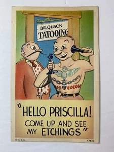1941 WW2 Era Linen Postacard Dr Quack Tatooing Old School Tatoo Art Houston-Stl - Picture 1 of 4