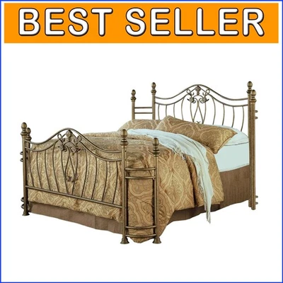 Marco de cama king oriental de inspiración vintage con acabado dorado cepillado duradero Foto 1 de 4