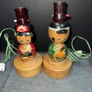Set of 2 Vintage JAPANESE KOKESHI DOLL LAMPS Painted Wood Male & Female 11" H - Picture 1 of 3