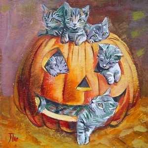 ACEO square 3.5x3.5 in Print of Painting Gray Kittens Play Pumpkin Halloween Art - Picture 1 of 1